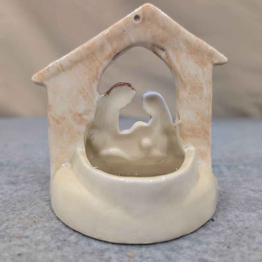Ceramic Nativity Scene Figurine Holy Family Stable Candle Holder Glazed Blue Tan - Picture 3 of 4